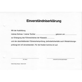 Block "Einverständniserklärung" (Erziehungsberechtigte), DIN A5 quer - 50 Blatt