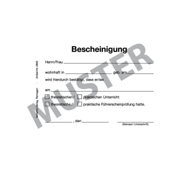 Block "Bescheinigung Führerscheinprüfung", DIN A6 - 50 Blatt